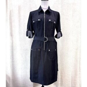 Sharagano Women's Textured V-neck Collar Dress Size 6 Denim Wash Utility Stretch